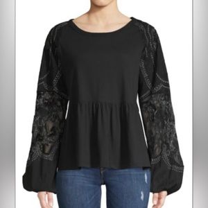 FREE PEOPLE XS Penny Embroidered Peplum Top Black Cotton Knit